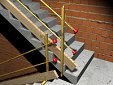 Sistema provisional de protección de hueco de escalera en albañil de construcción, con baranda